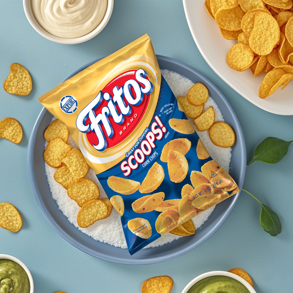 Fritos Scoops Corn Chips, a crunchy snack by Fritos, shown in a bowl with scooped shape perfect for dips.