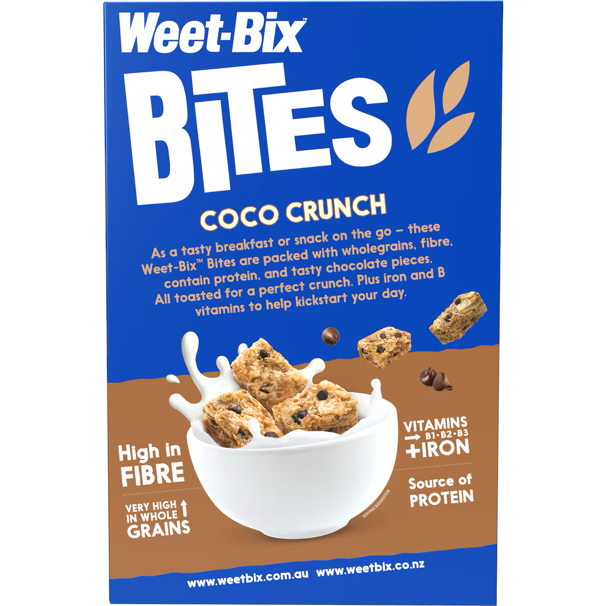 Sanitarium Weet-Bix Bites Coco Crunch breakfast cereal in a bowl with milk, showing coconut-flavored cereal pieces and packaging.