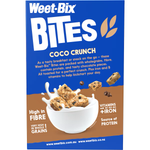 Sanitarium Weet-Bix Bites Coco Crunch breakfast cereal in a bowl with milk, showing coconut-flavored cereal pieces and packaging.