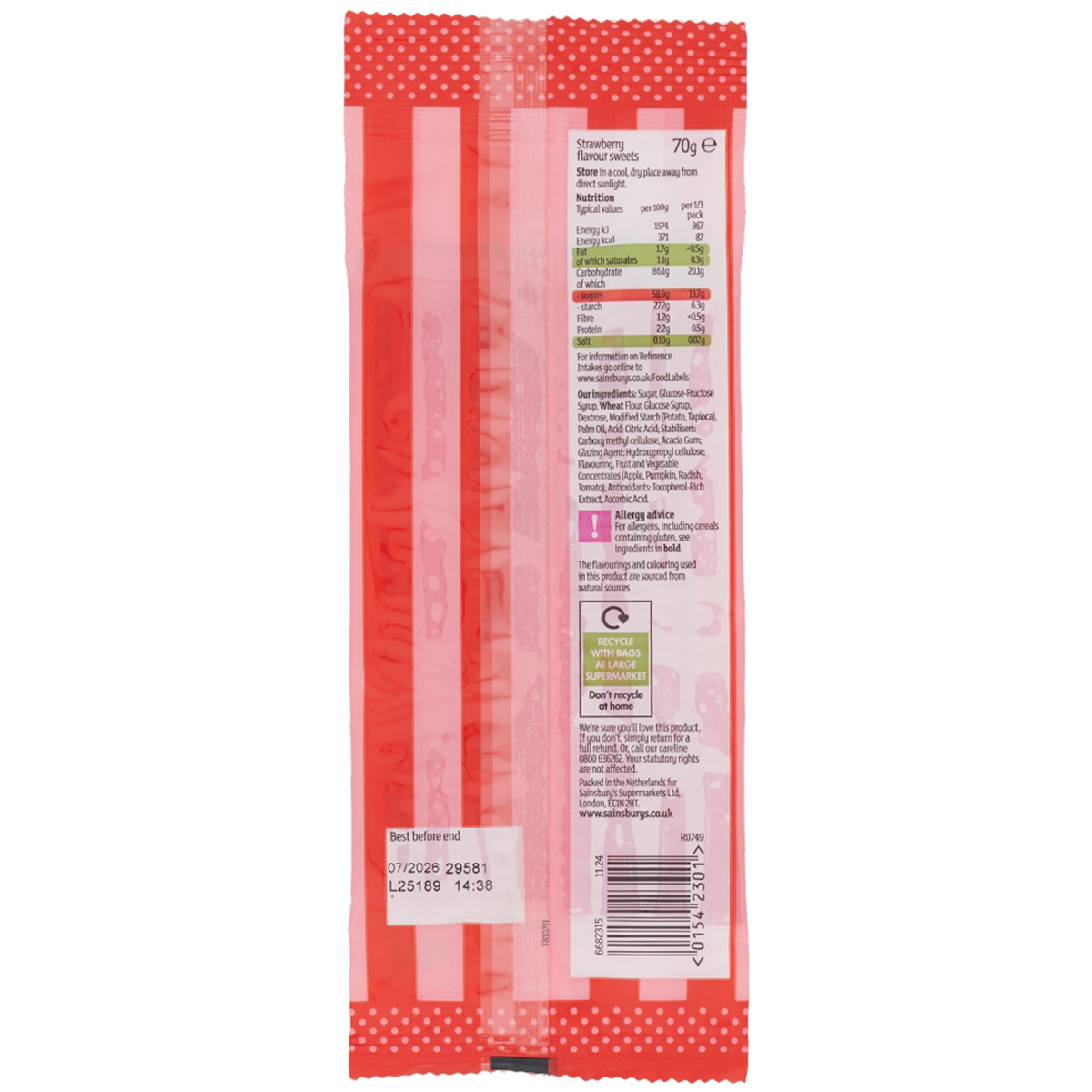 Sainsbury's Strawberry Pencils Sweets in colorful candy pencil shape, fruity strawberry flavor, fun confectionery snack