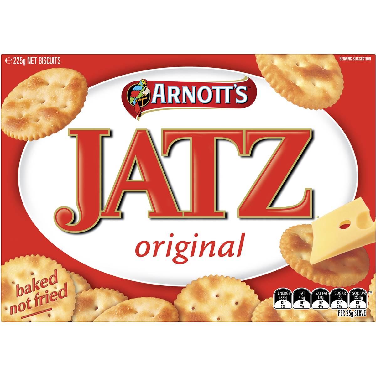 Arnott's Jatz Original confectionery snacks featuring crispy, golden crackers in a colorful box.