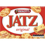 Arnott's Jatz Original confectionery snacks featuring crispy, golden crackers in a colorful box.