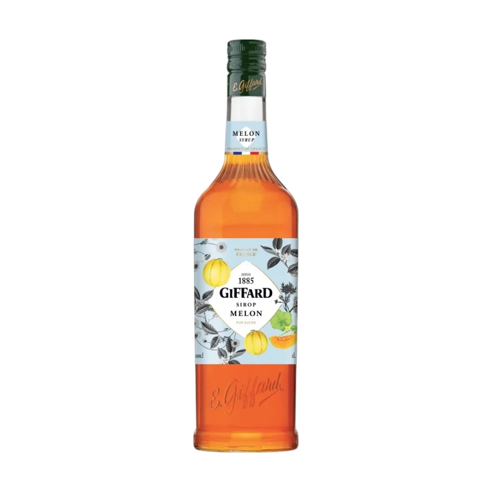 Giffard Mixology Melon 1L bottle of melon-flavored syrup for cocktails and drinks, in a clear plastic bottle with a label.