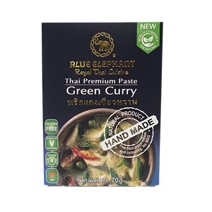 Blue Elephant green curry paste in a jar, showcasing vibrant green color and fresh ingredients for Thai cooking.