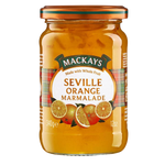Jar of Mackay Seville Orange Marmalade with a label showing orange slices and a spoon, on a white background.