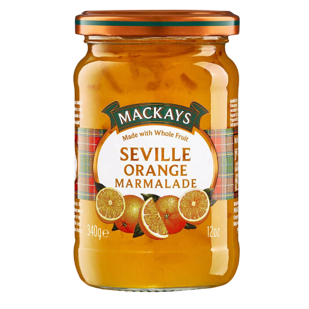 Jar of Mackay Seville Orange Marmalade with a label showing orange slices and a spoon, on a white background.