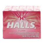 Halls Icy Strawberry Syrup Stick pack with 20 sticks, a dry grocery snack and confectionery item, featuring strawberry flavor.