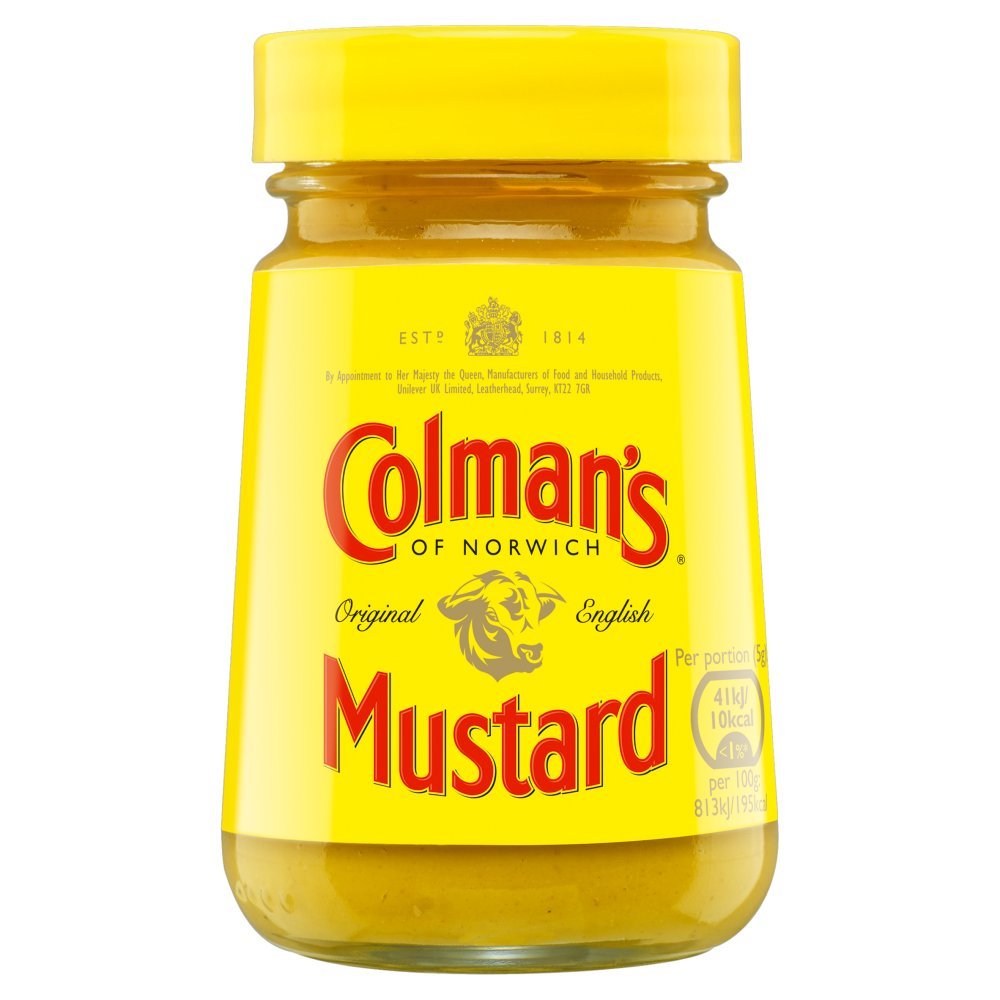Jar of Colman's English Mustard with yellow condiment and label, ready for use in cooking or as a condiment.