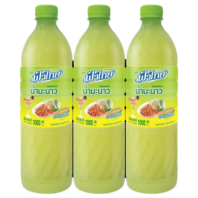 Fathai Lime Juice 1L bottles, three-pack, in clear plastic bottles with lime juice inside, suitable for cooking and beverages.