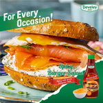 Develey Spicy Burger Sauce bottle with label, ideal for adding heat to burgers, in a dry grocery product setting.
