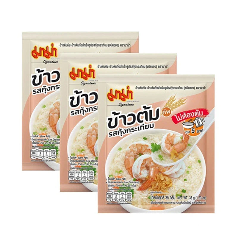 Mama Rice Porridge Cups with garlic shrimp flavor packets, showing dry grocery product with seasoning and packaging.