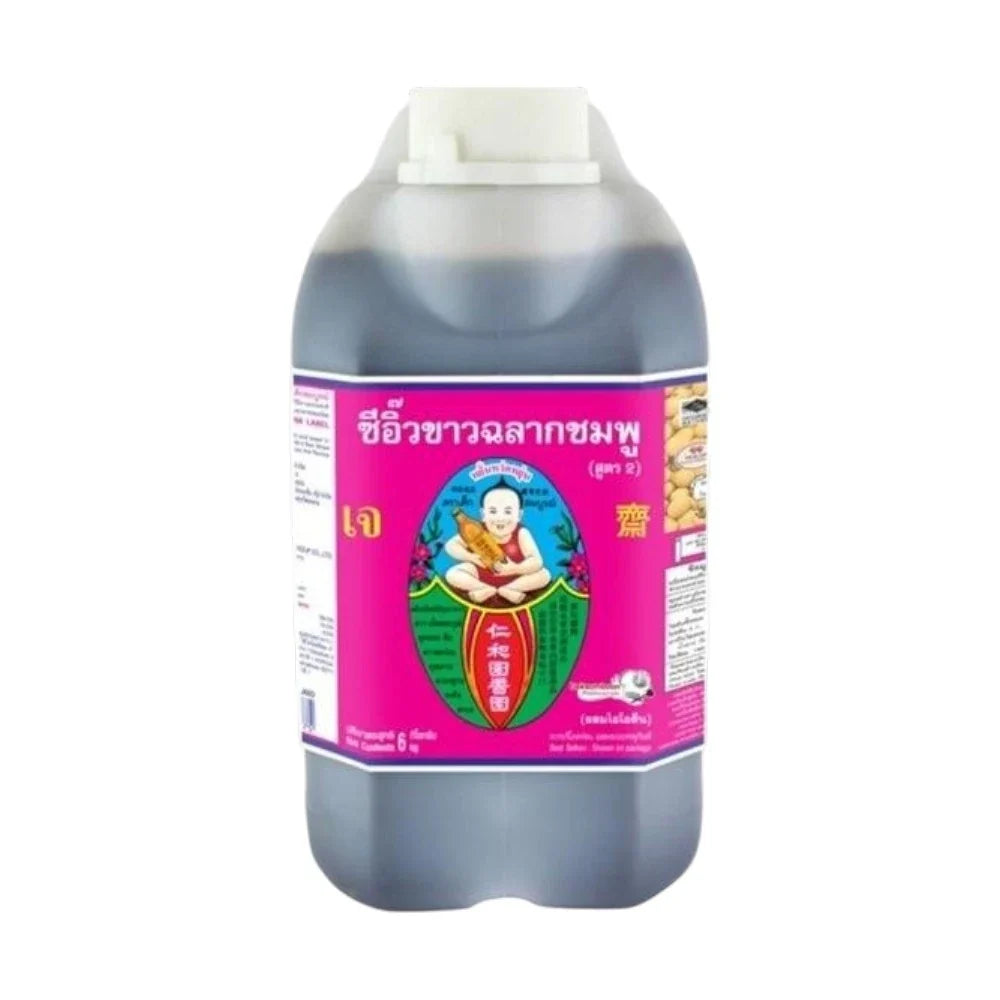 Deksomboon Thin Soy Sauce 4.5L bottle, a clear Soy Sauce for cooking and seasoning in dry grocery shopping.