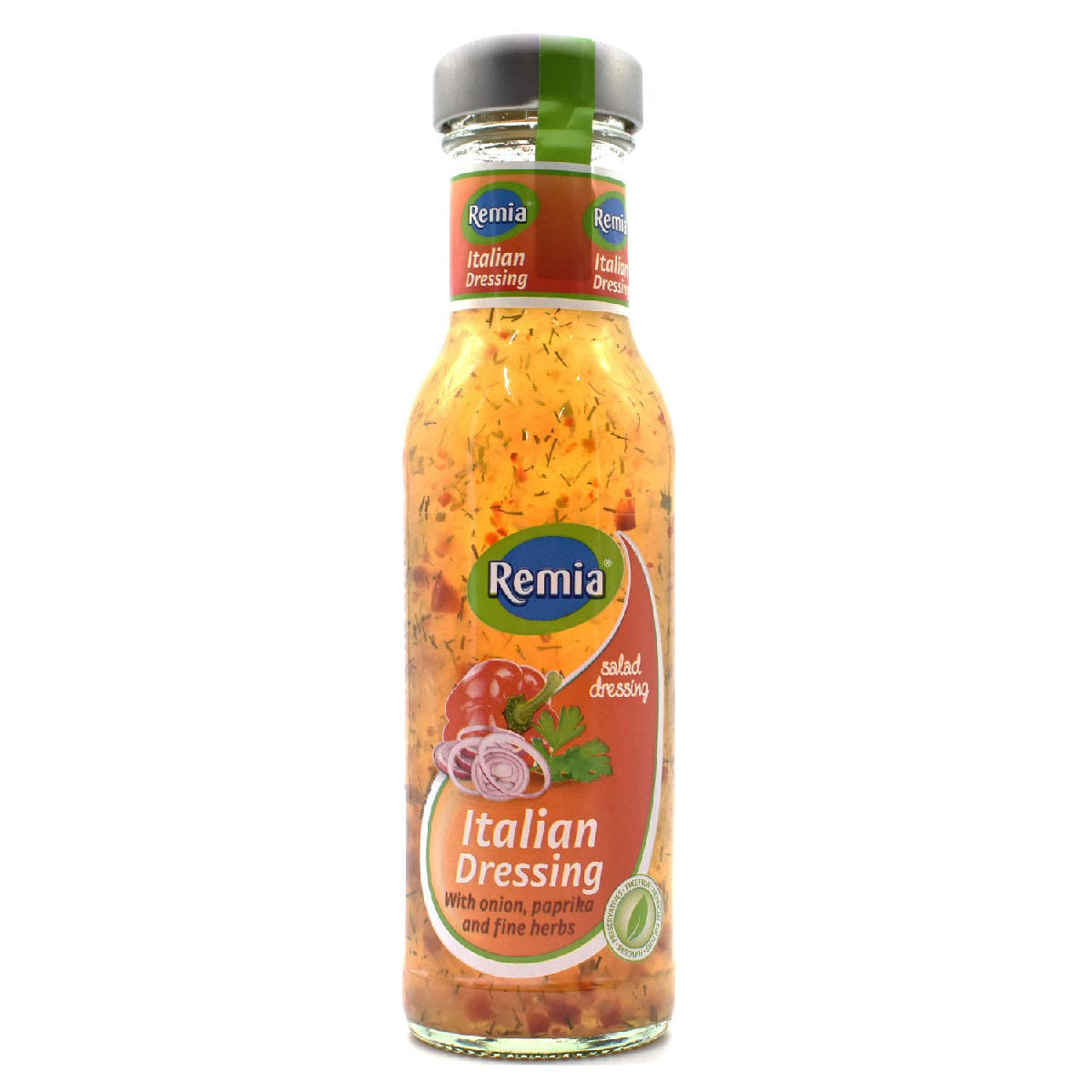 Bottle of Remia Italian Dressing with herbs and spices, showcasing the flavorful salad dressing in a clear glass bottle.