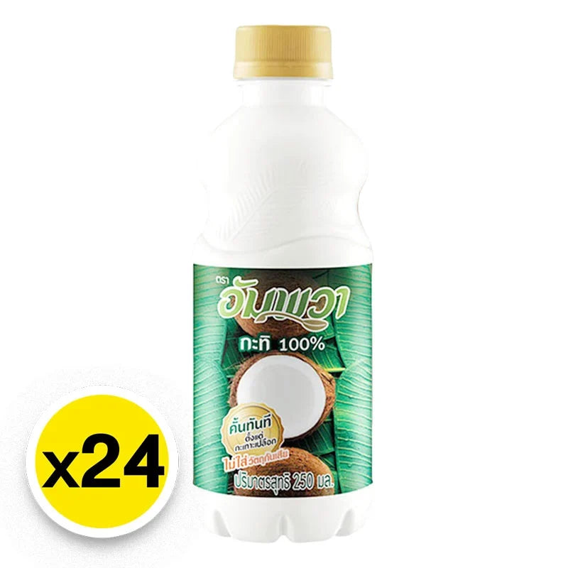 Ampawa Coconut Milk PET bottle, 250ml, part of a 24-pack, ideal for cooking and baking in dry grocery category.