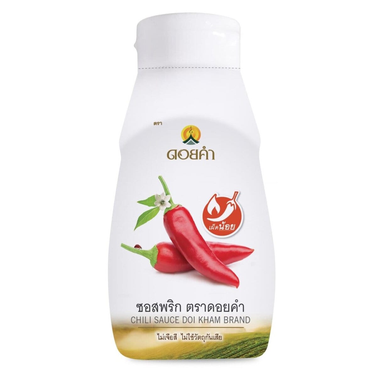 Doi Kham Chili Sauce bottle with red chili peppers and label, available in grocery stores for spicy Asian cuisine.