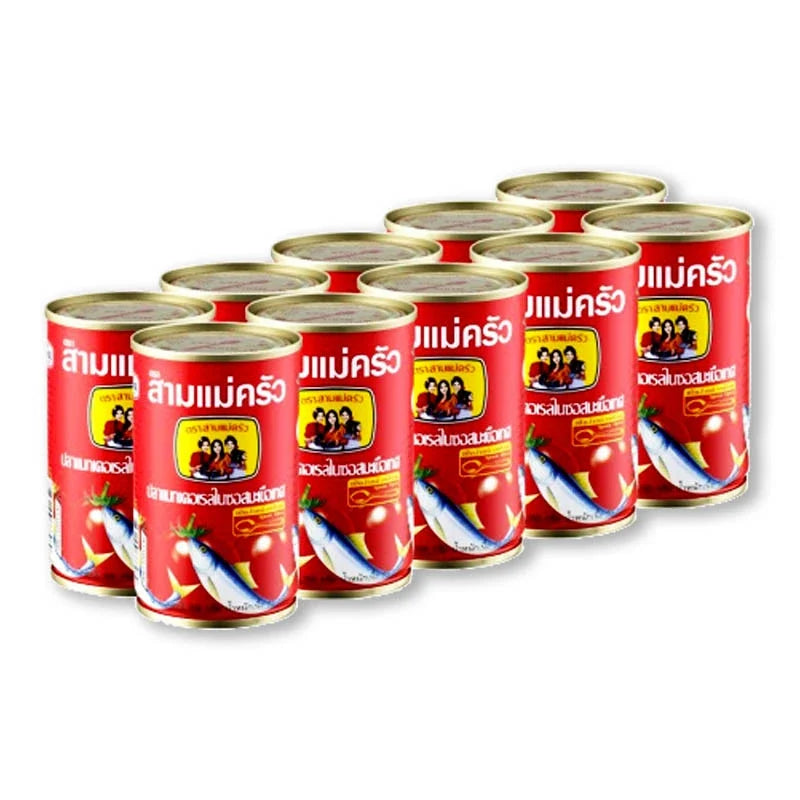 Canned Three Lady Cooks Mackerel in Tomato Sauce, 155g per can, arranged in a row on a white background.