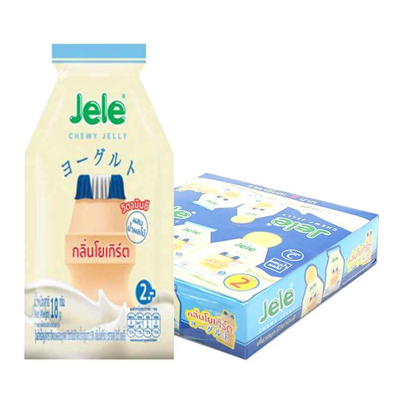 Jele Chewy Yoghurt 18g snack in colorful packaging, chewy fruit-flavored confectionery from JELE CHEWY brand.