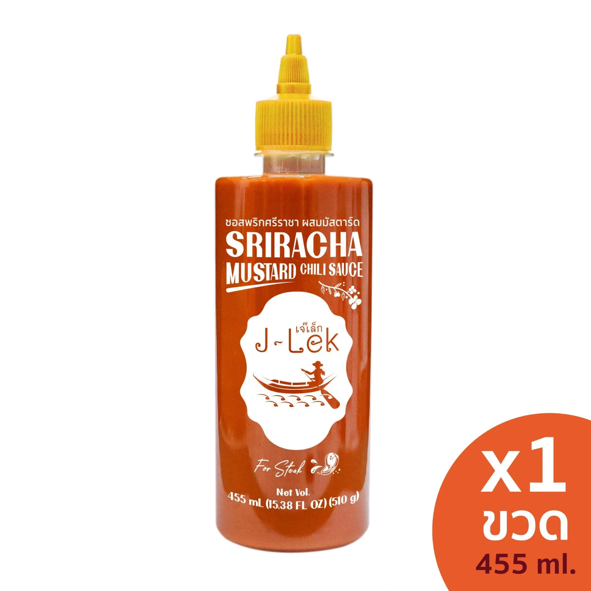 J-LEK Sriracha Chili Sauce mixed with mustard in 510g bottle, spicy and tangy condiment for cooking and dipping.