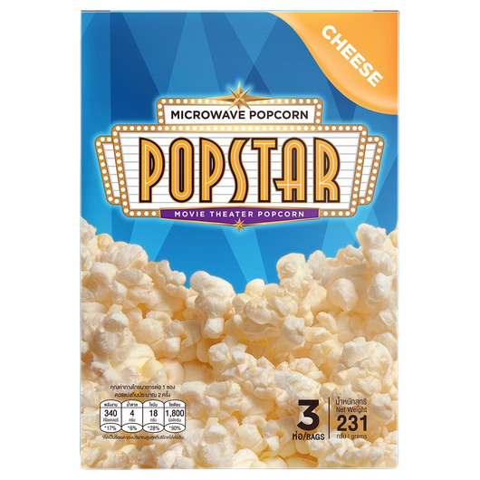 Popstar Popcorn Microwave Cheese snack in a colorful package, ready to enjoy a cheesy confectionery treat