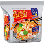 Mama Instant Noodles Shrimp Tom Yum flavor in a bowl with noodles, shrimp, and herbs, showcasing the flavorful soup ready to enjoy.