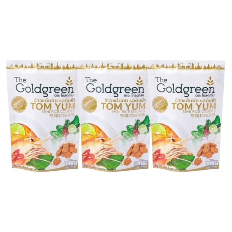 Mini rice cookies from THE GOLDGREEN's TOM YUM flavor, featuring golden snack bites in a 40g package.