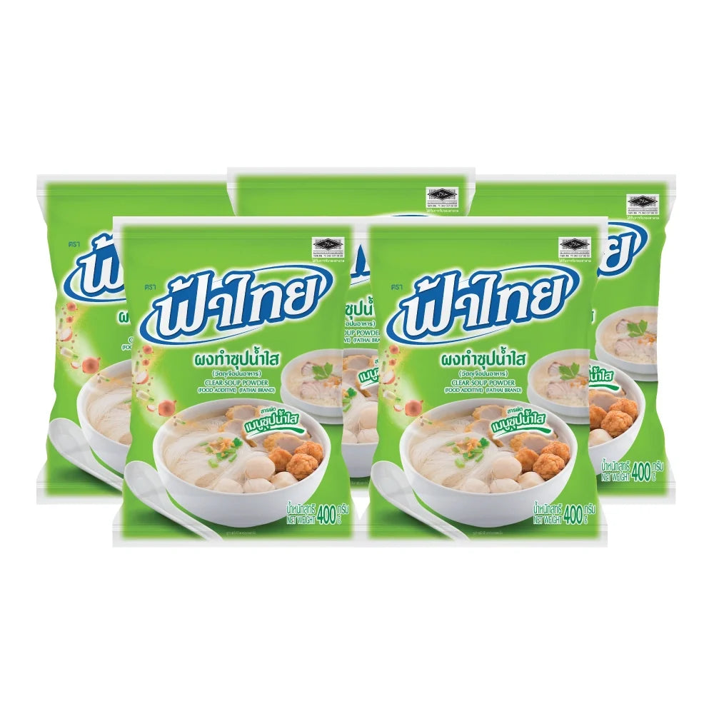 Fathai Clear Soup Powder 400g, five packs, dry grocery product with transparent packaging showing white powder inside