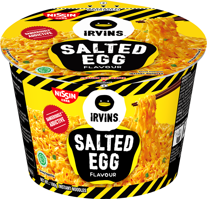 Nissin Irvins Salted Egg flavor grocery snack package featuring salted egg flavored snack by Nissin.
