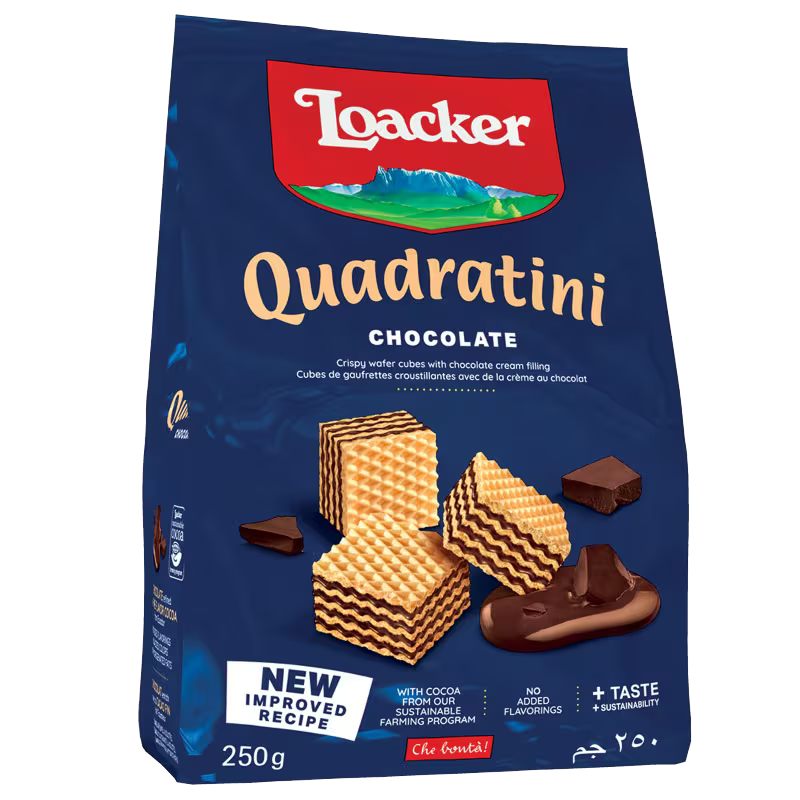 Loacker Wafer Cocoa, a chocolate-flavored confectionery snack with crispy layers and cocoa filling, in a sealed package.