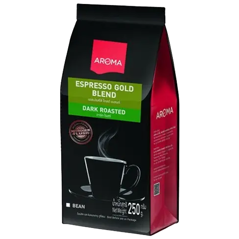 Aroma Espresso Gold drink in a glass cup with a rich, creamy coffee beverage topped with foam and a sprinkle of cocoa powder.