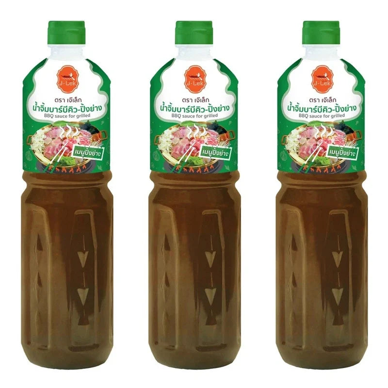 J-LEK BBQ grilling sauce bottles, 1000g, dry grocery product, showcasing the sauce bottles with labels ready for grilling.