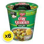 NISSIN Cup Instant Noodle Minced Pork Flavour 77g, dry grocery, showing the noodle cup with flavor packaging and prepared noodles inside.