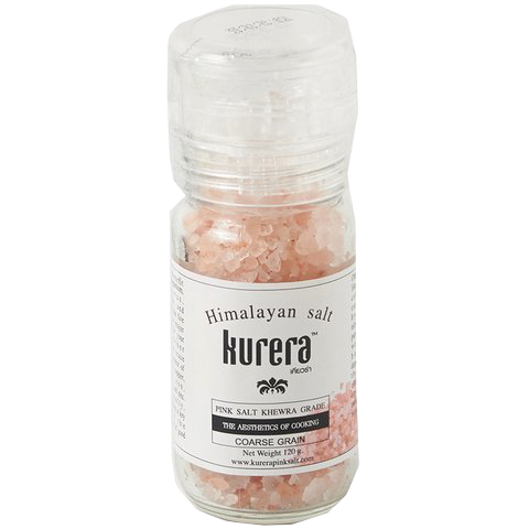 Kurera Himalayan Salt Coarse Grain in a clear container, showing pink coarse salt crystals used for cooking and seasoning.