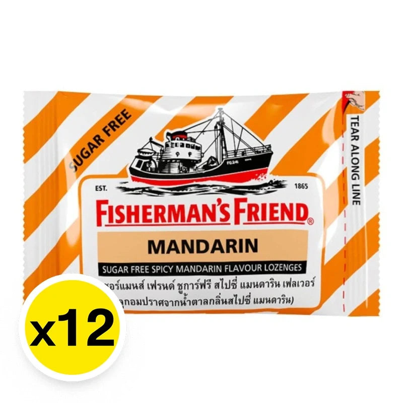 Fisherman's Friend Sugar-Free Spicy Mandarin Lozenges in a pack of 12, featuring spicy mandarin flavor and dry grocery confectionery.