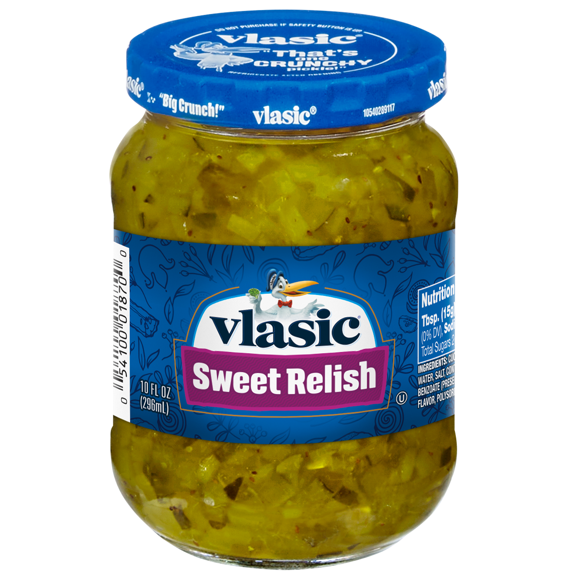 Jar of Vlasic Sweet Relish with a label showing the brand name and colorful relish inside the transparent jar.