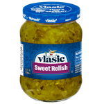 Jar of Vlasic Sweet Relish with a label showing the brand name and colorful relish inside the transparent jar.