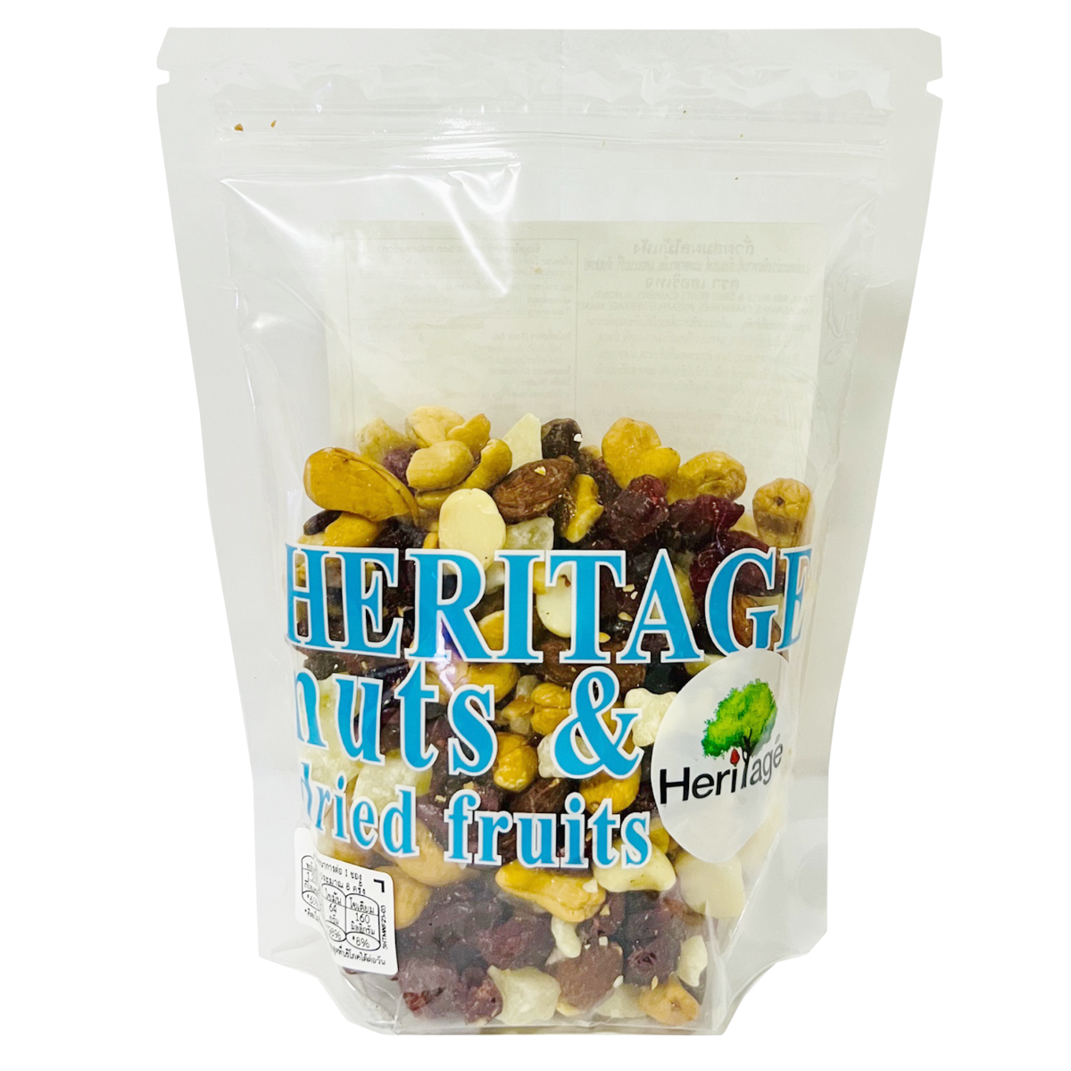 Heritage Trail Mix Premium confectionery snack with mixed nuts, dried fruits, and chocolate pieces in a resealable bag.