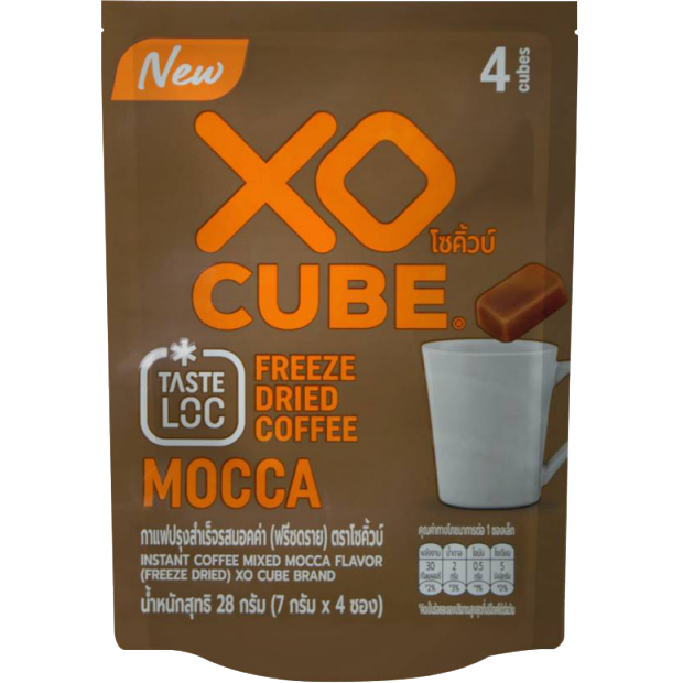 Xo Cube Freeze Dried Coffee Mocca drink in a glass, showcasing rich coffee and mocha flavors with ice cubes and a straw.