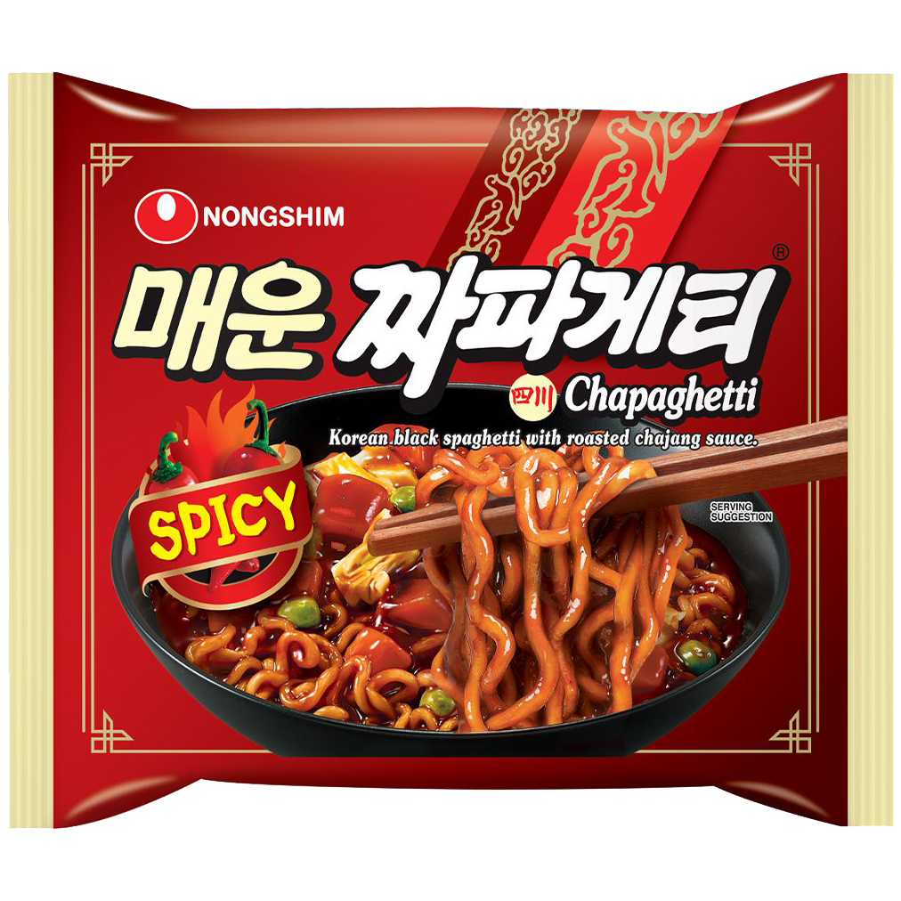 Nong Shim Spicy Chapaghetti instant noodle package with spicy ramen noodles and colorful packaging.