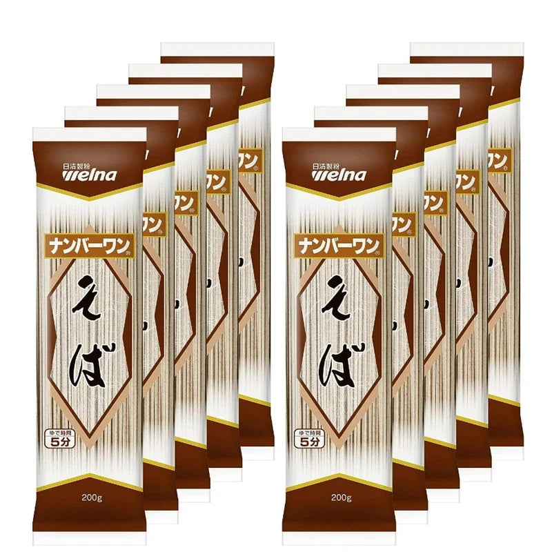 Nisshin Welna soba noodles made with buckwheat and Japanese wheat in a 200g package, dry grocery item, image of noodles in packaging