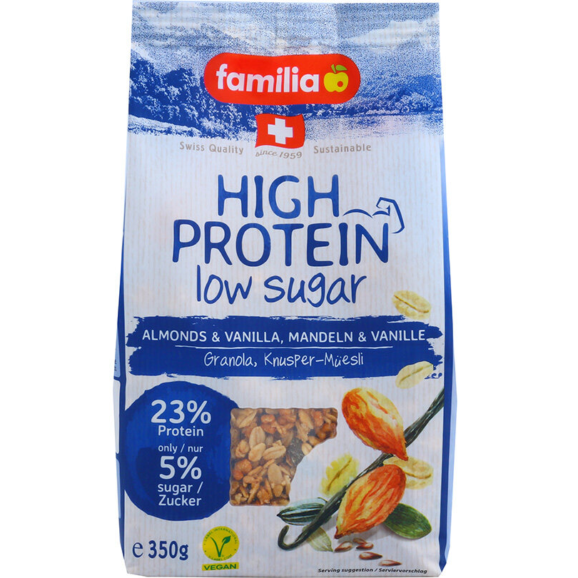 Familia high protein low sugar almond package, showing almonds in a clear bag with branding and nutritional information visible.