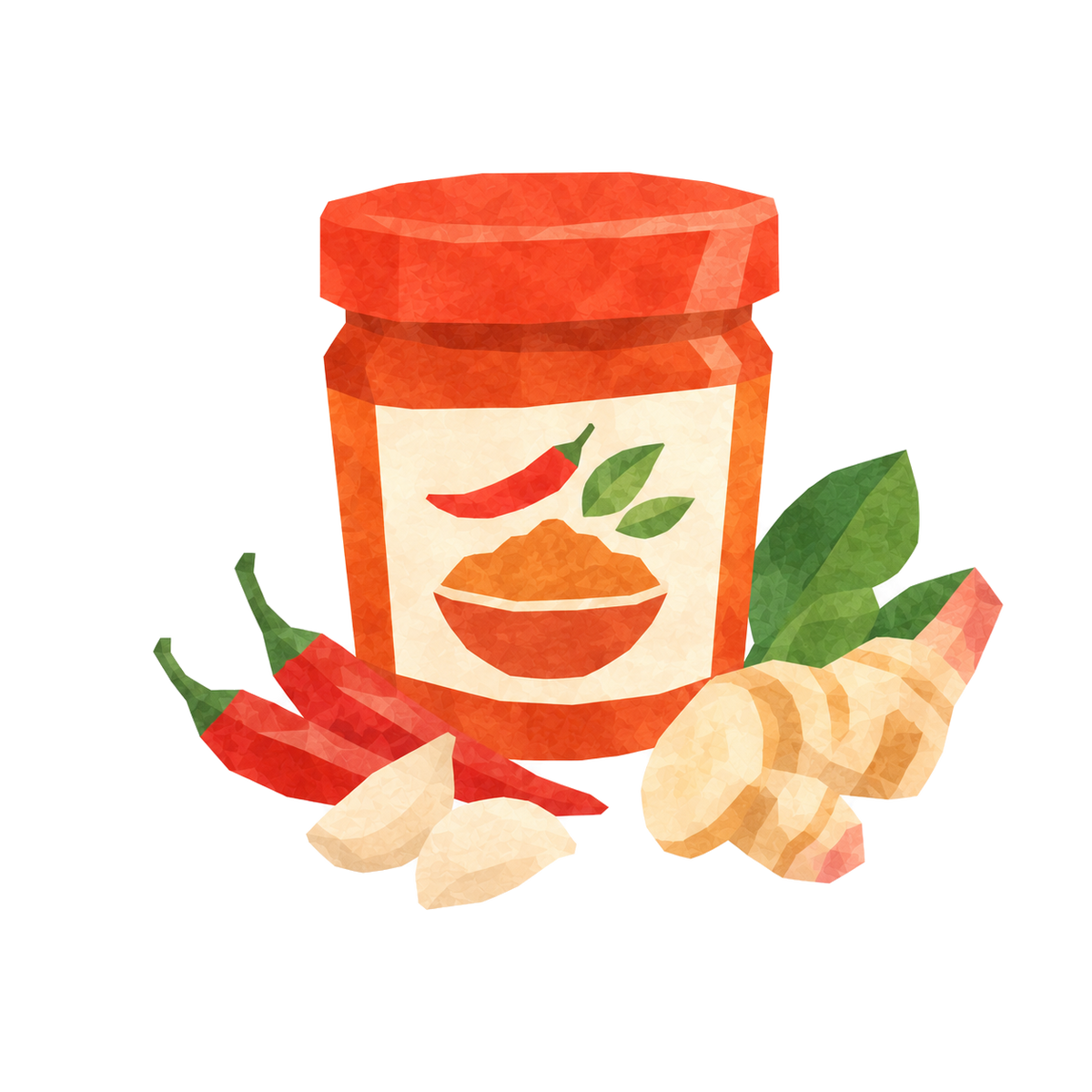 Watercolor illustration of a jar of Thai curry paste with red chilies, garlic, ginger and kaffir lime leaves