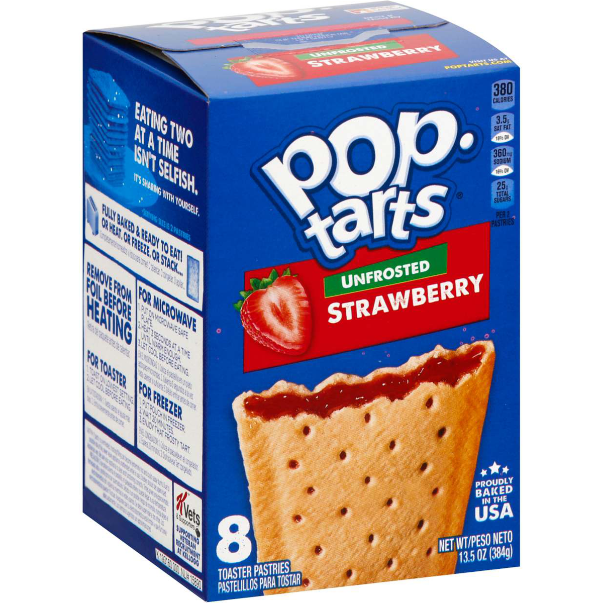 Unfrosted strawberry Pop-Tarts by Kellogg's, showing the snack's flaky pastry with strawberry filling visible inside.