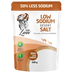 Lunn Low Sodium Dedert Salt in a grocery packaging, showing the product label and salt container for cooking and seasoning.