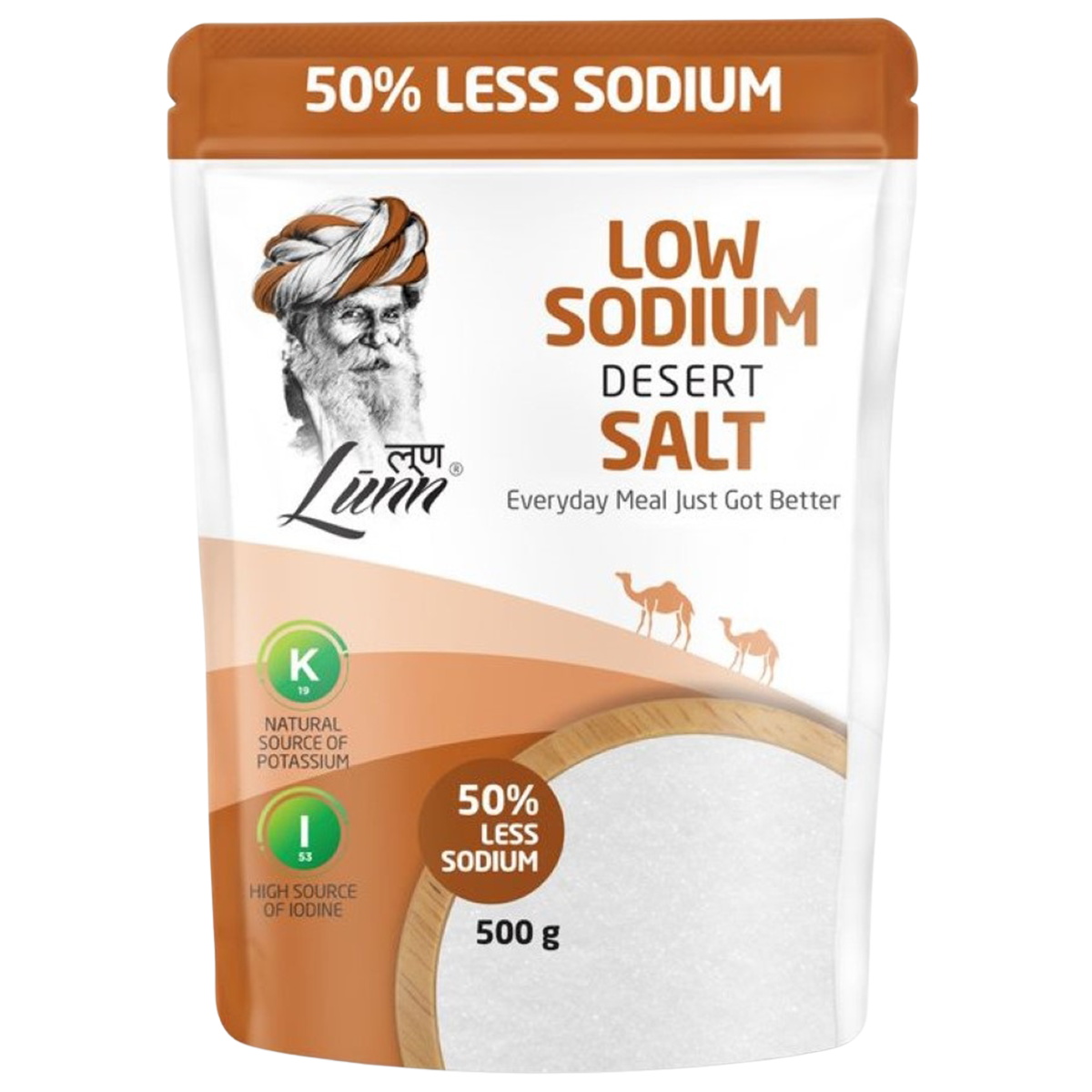 Lunn Low Sodium Dedert Salt in a grocery packaging, showing the product label and salt container for cooking and seasoning.