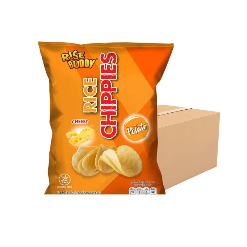 Rise Buddy Rice Chippies snack in colorful packaging, dry grocery snack perfect for quick bites and light confectionery.