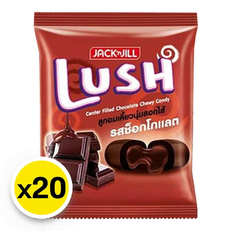 LUSH Center Filled Chocolate Chewy Candy 20.8g, close-up of colorful wrapped candies with shiny foil packaging.