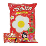 Sanghai Candy Plum flavored dry grocery snack by SANGHAI, showing colorful plum-flavored confectionery pieces in a clear bowl.
