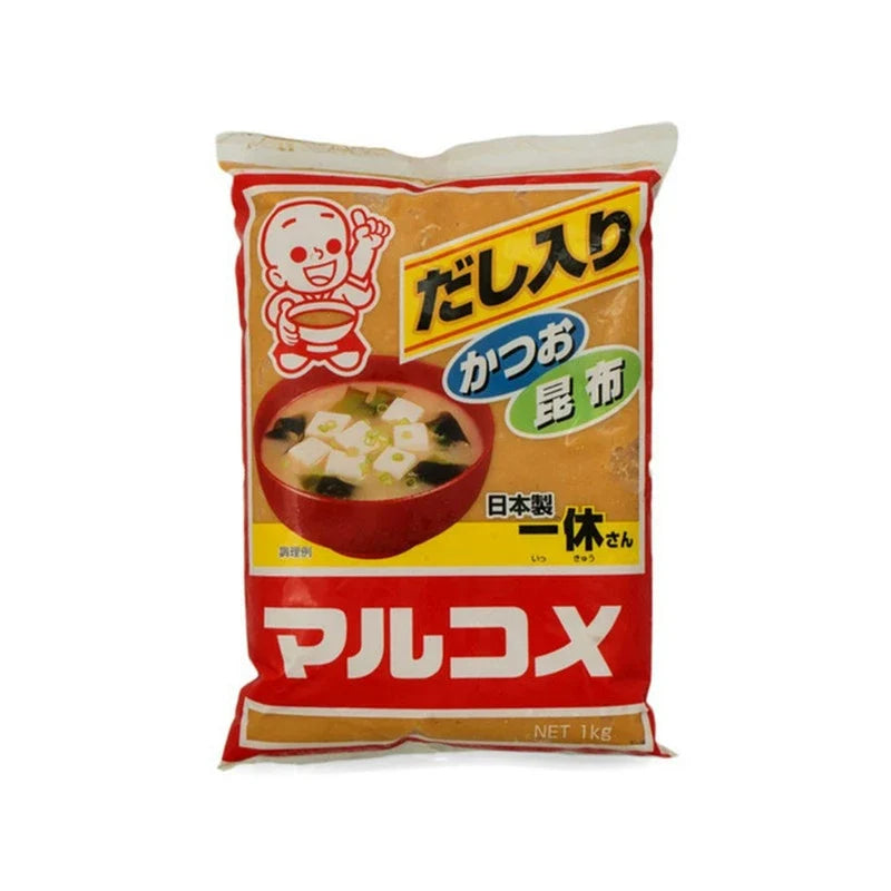 Marukome Ikkyu-San Dashi Miso White Koshi with Soybean in a dry grocery package, featuring a white miso paste with soybeans.