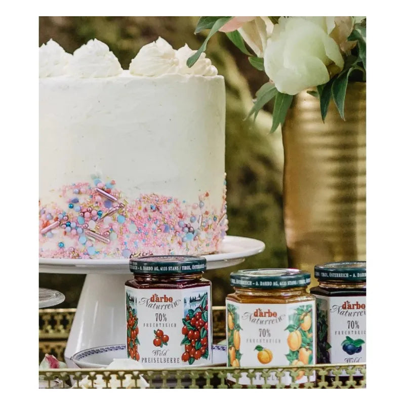 Darbo Blueberry Double Fruit 200g jar, showcasing vibrant blueberries and the product label on the dry grocery packaging.
