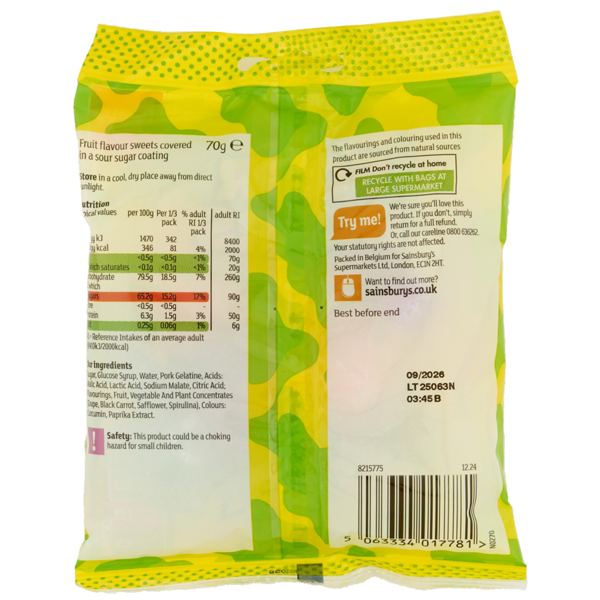 Colorful Sainsbury's Sour Bears confectionery snacks in bright packaging with gummy bear shapes and sour sugar coating.